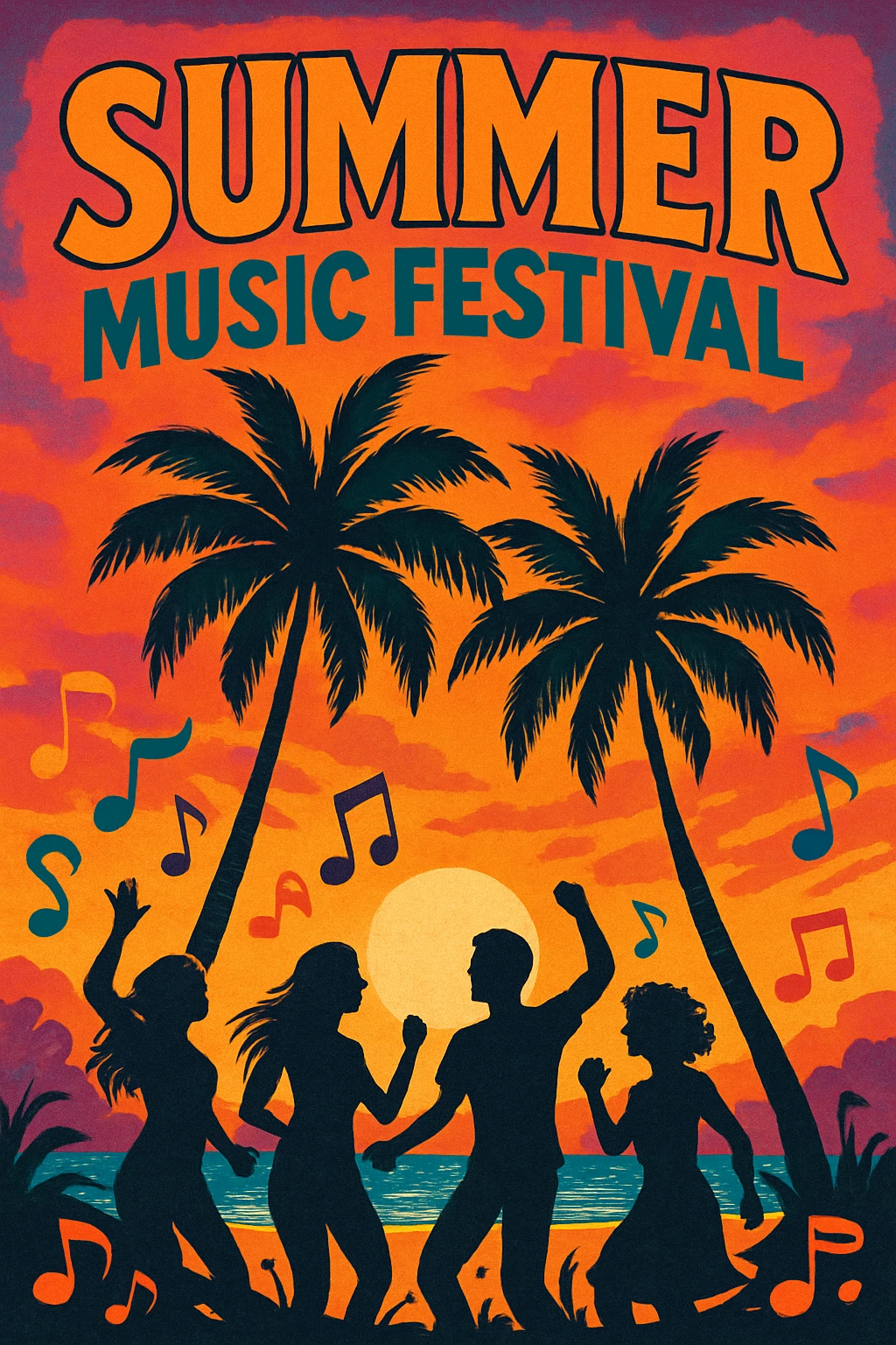 summer music festival poster with tropical palm trees and sunset