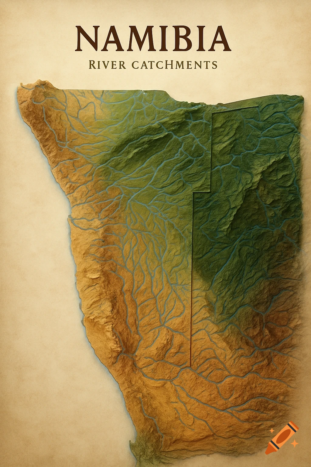 A textured, topographical map of Namibia, featuring detailed river catchments and elevation changes, on a beige background.