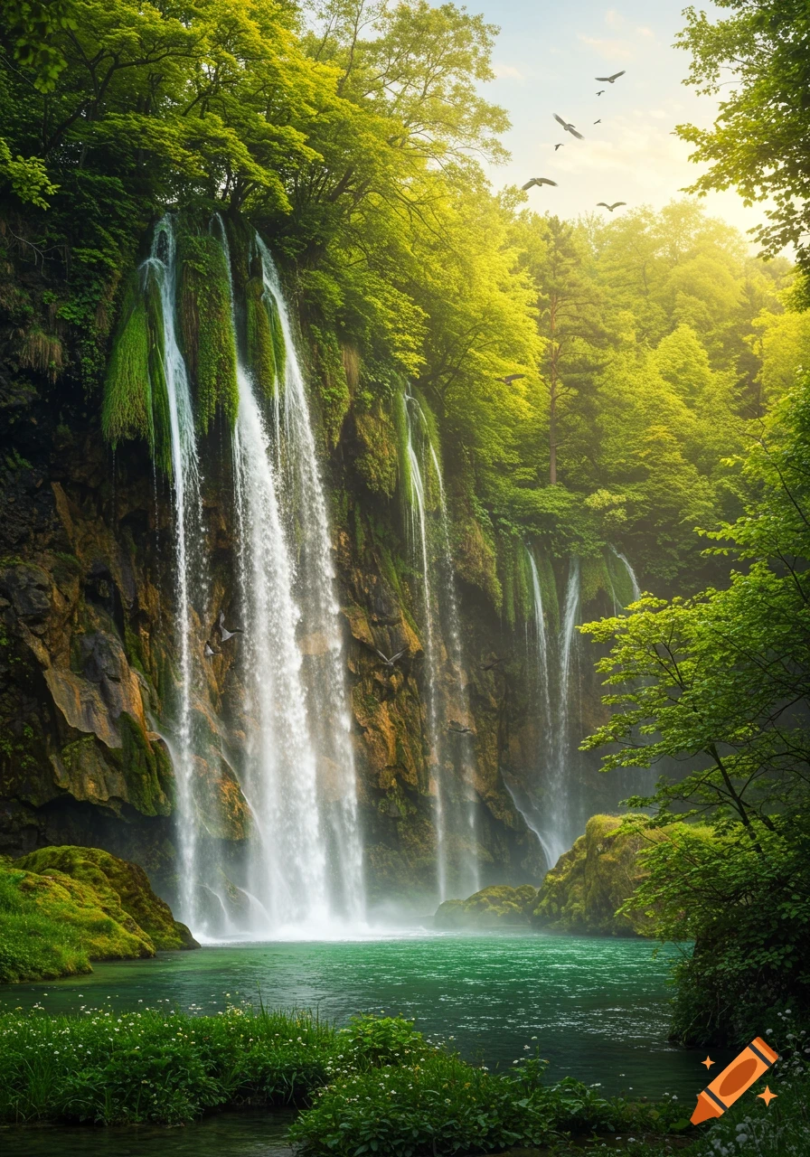 Multiple waterfalls cascade into a turquoise pool surrounded by vibrant green forest and mossy rocks under a sunny sky with birds flying.