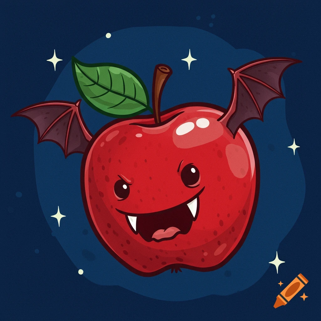 A cute cartoon red apple with dark bat wings, a stem, and a green leaf, featuring two white fangs and a wide smile, set against a dark blue background with small white stars.