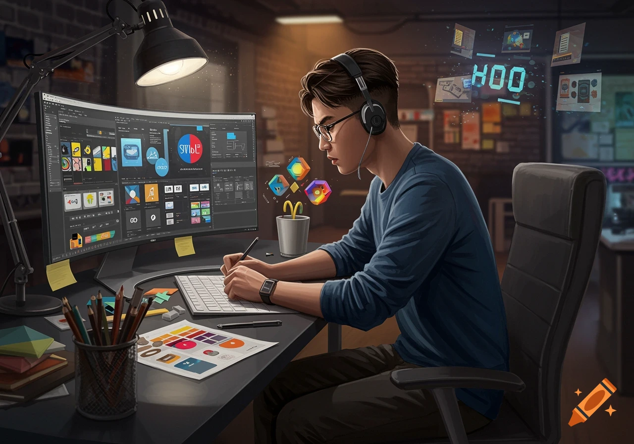A young man wearing headphones and glasses works at a desk with a large curved monitor, using a pen tablet and keyboard. Floating colorful design elements and abstract text are visible around him and on the screen.