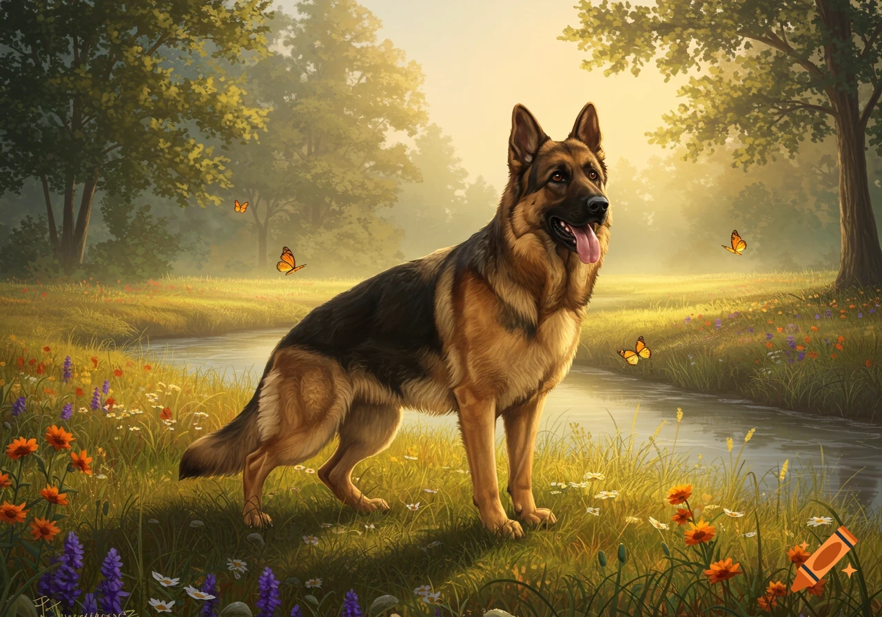 A German Shepherd dog stands in a vibrant meadow with a stream, trees, flowers, and butterflies, bathed in golden sunlight.