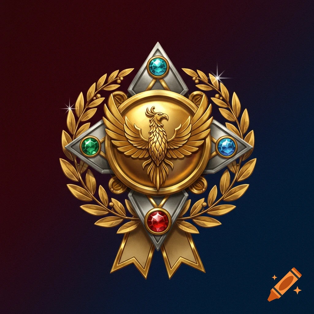 A detailed gold and silver badge featuring a phoenix emblem, a laurel wreath, and colorful jewels on a dark background.