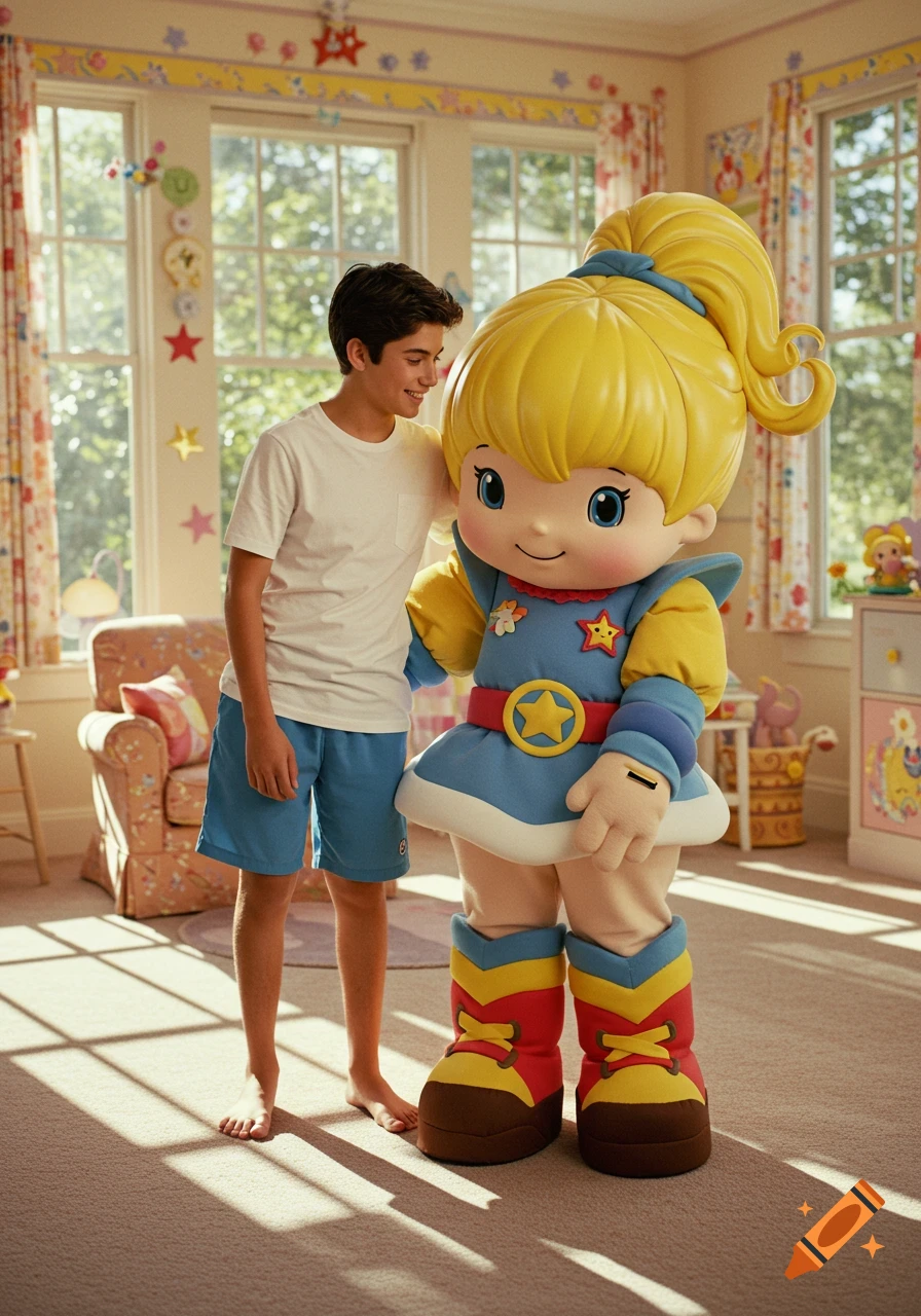 A barefoot teenage boy in a white t-shirt and blue shorts stands smiling next to a large Rainbow Brite mascot in a bright, colorful room.