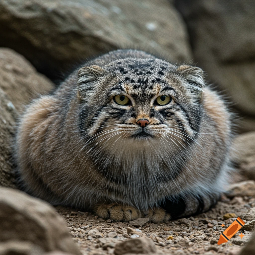 A fluffy Pallas's cat with green eyes sits on rocky ground, looking directly at the viewer.