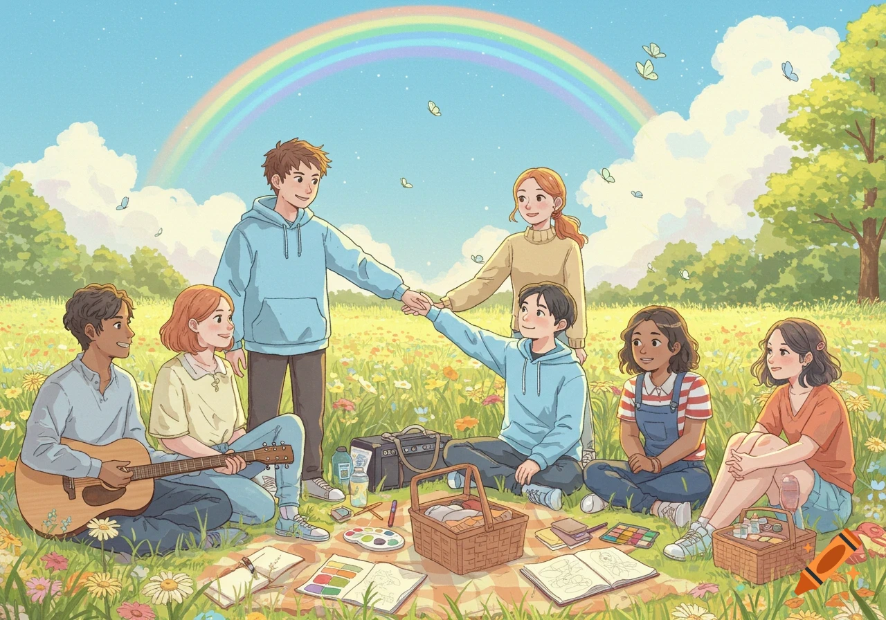 An illustration of seven diverse friends having a picnic in a sunny, flower-filled meadow under a large rainbow. One plays guitar, others draw or talk.