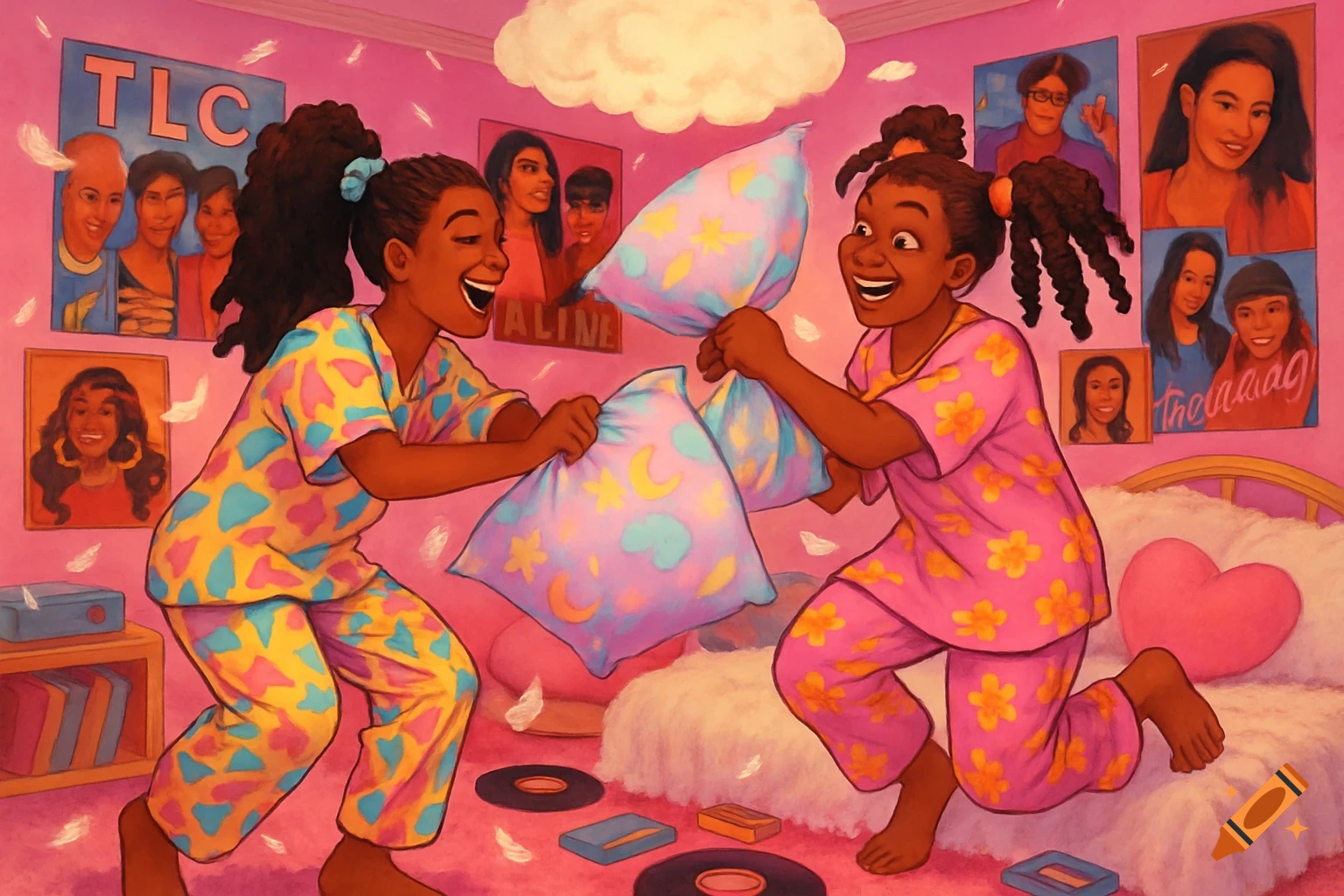 Two smiling young girls in patterned pajamas have a pillow fight in a pink bedroom with posters and feathers floating in the air.