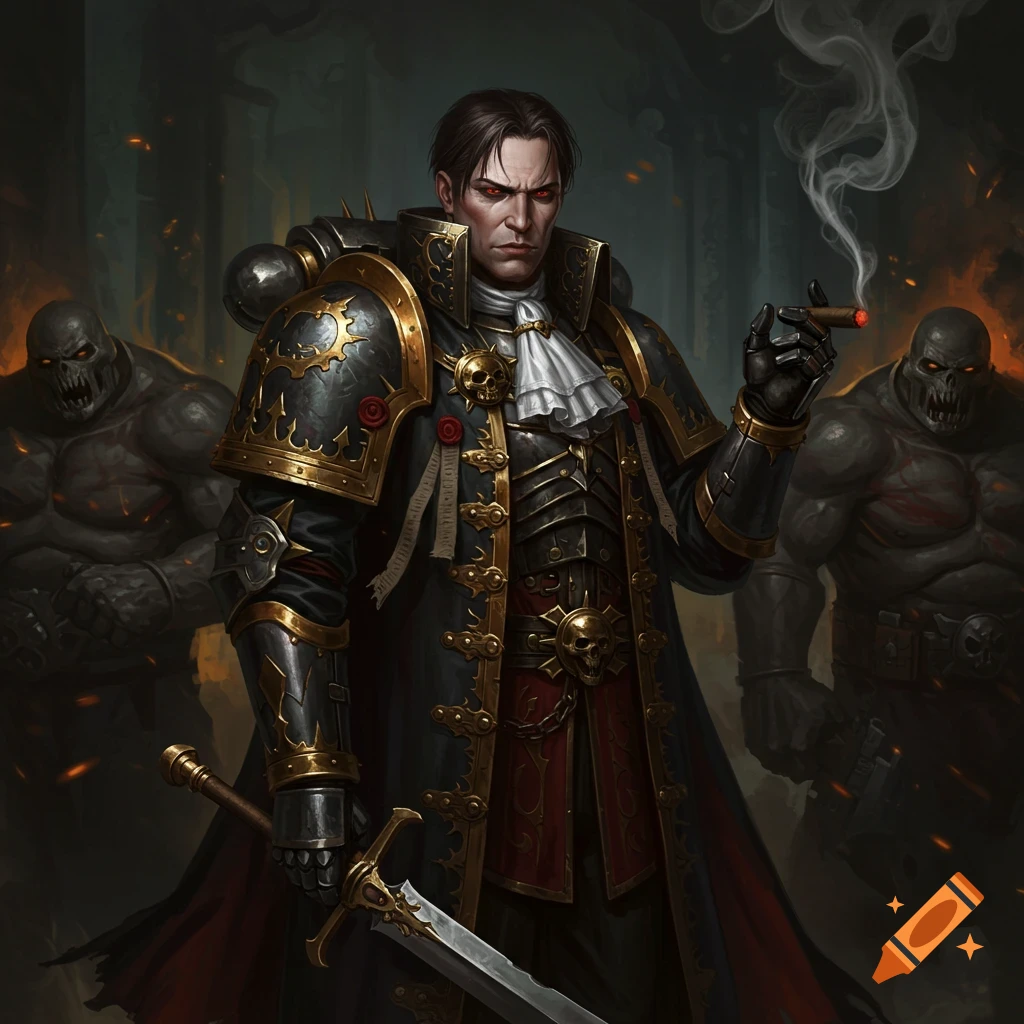 A stern man in ornate black and gold armor and a dark coat smokes a cigar, with two grotesque monsters behind him in a dark, fiery setting.