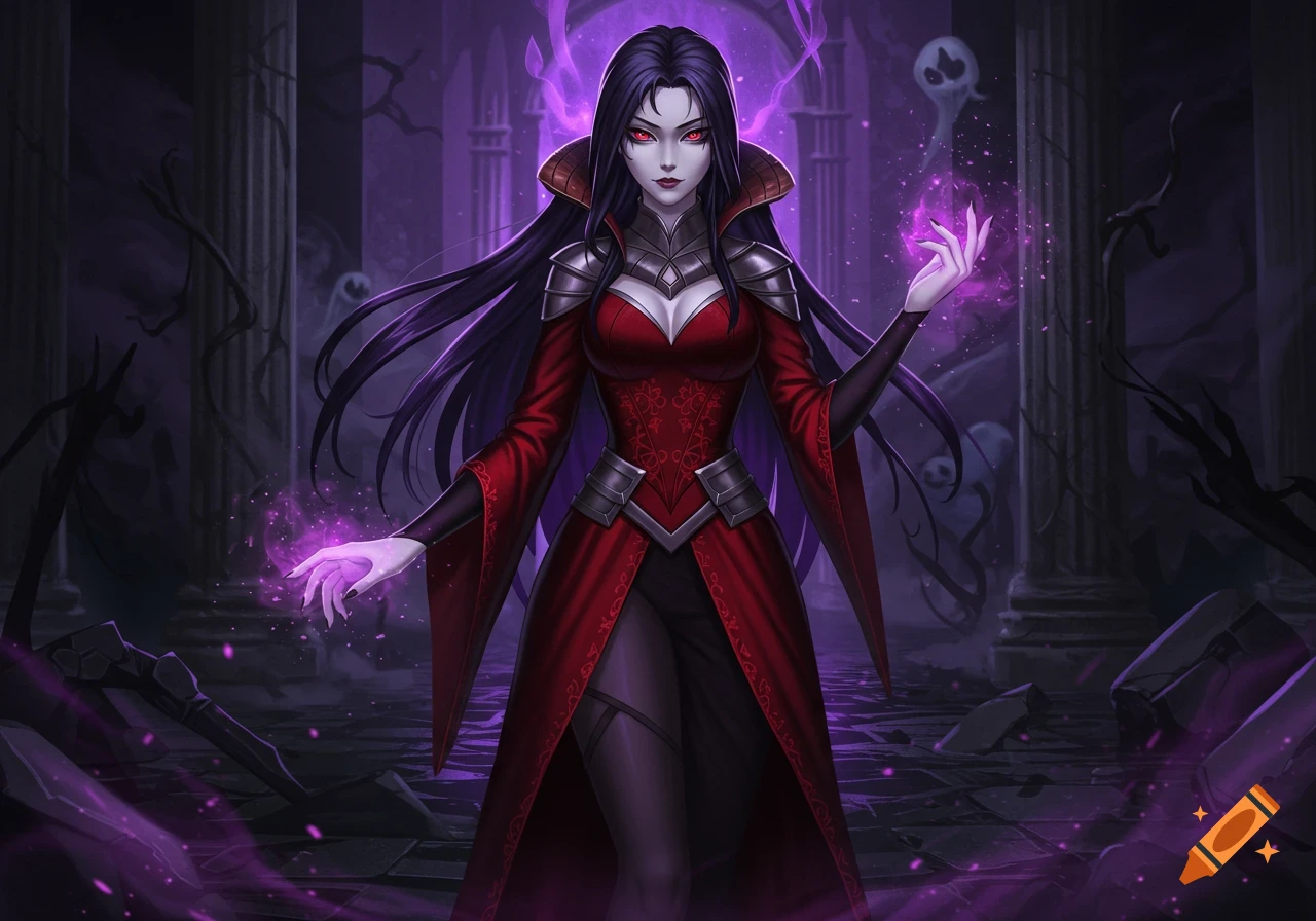A dark sorceress with long black hair, red eyes, and a red and black dress stands in a ruined gothic temple, summoning purple magic.