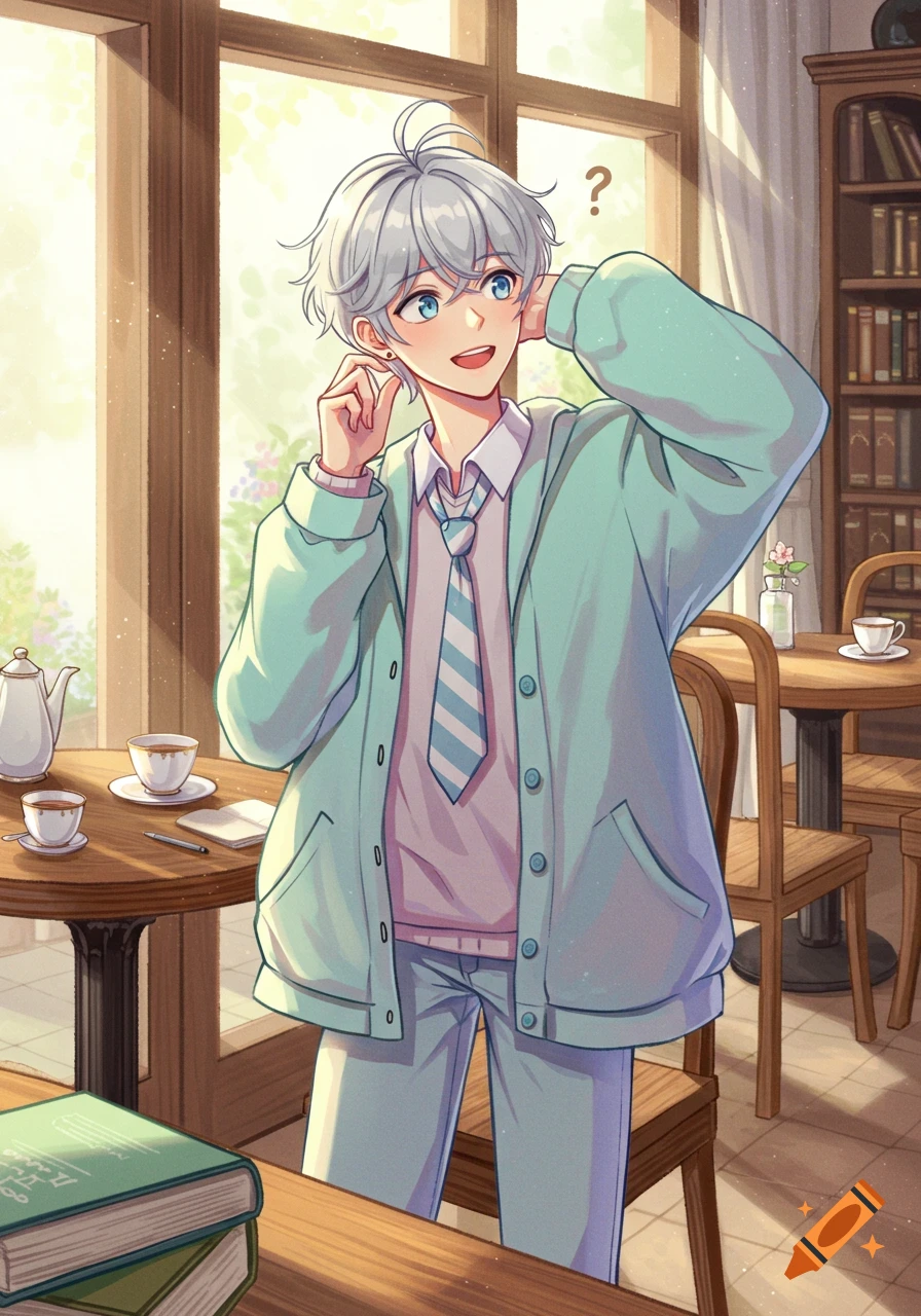 An energetic anime boy with silver hair and blue eyes, wearing a pastel blue cardigan and striped tie, smiles in a sunny cafe with books and tea.