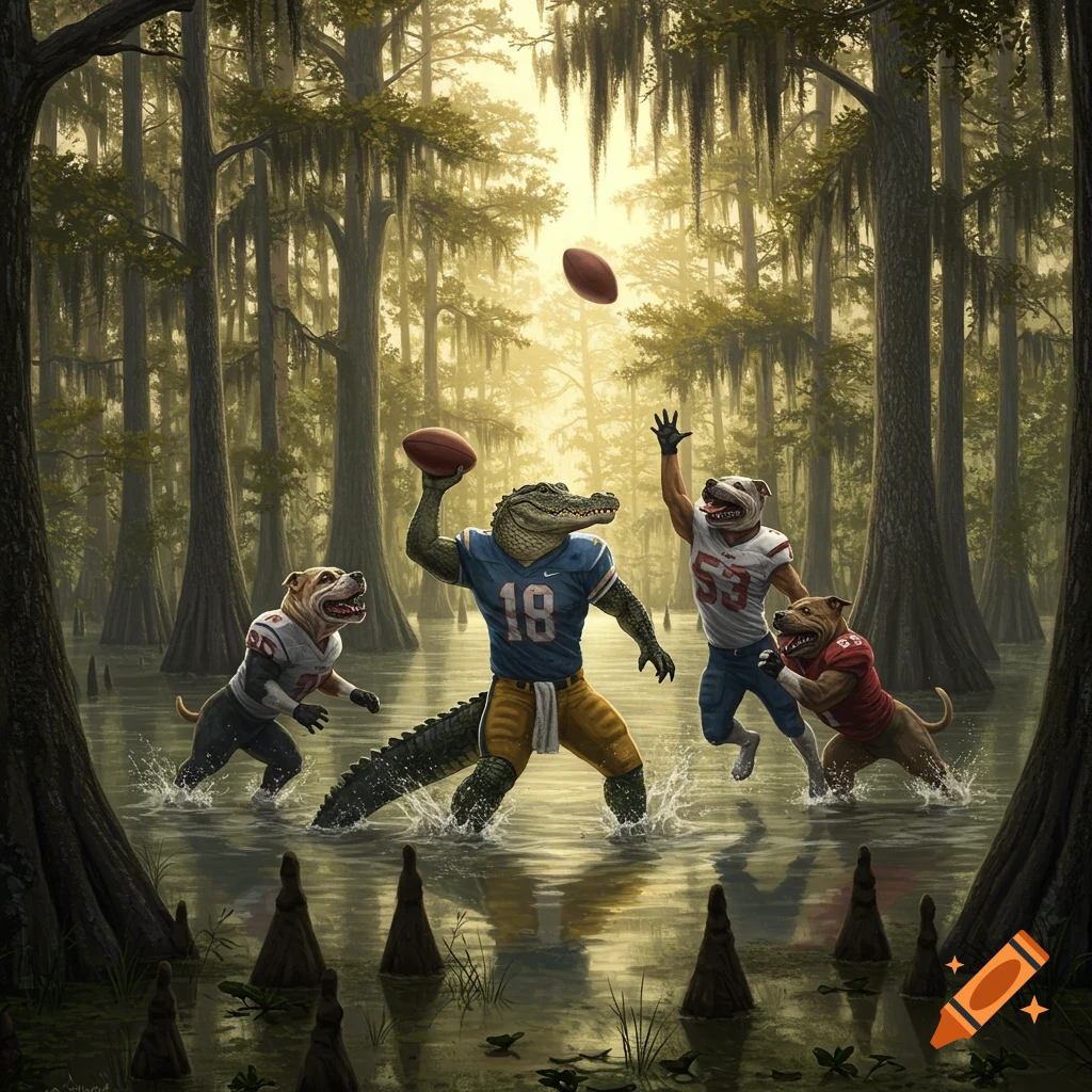 Photorealistic image of an alligator and bulldog players playing football in a misty cypress swamp during golden hour.