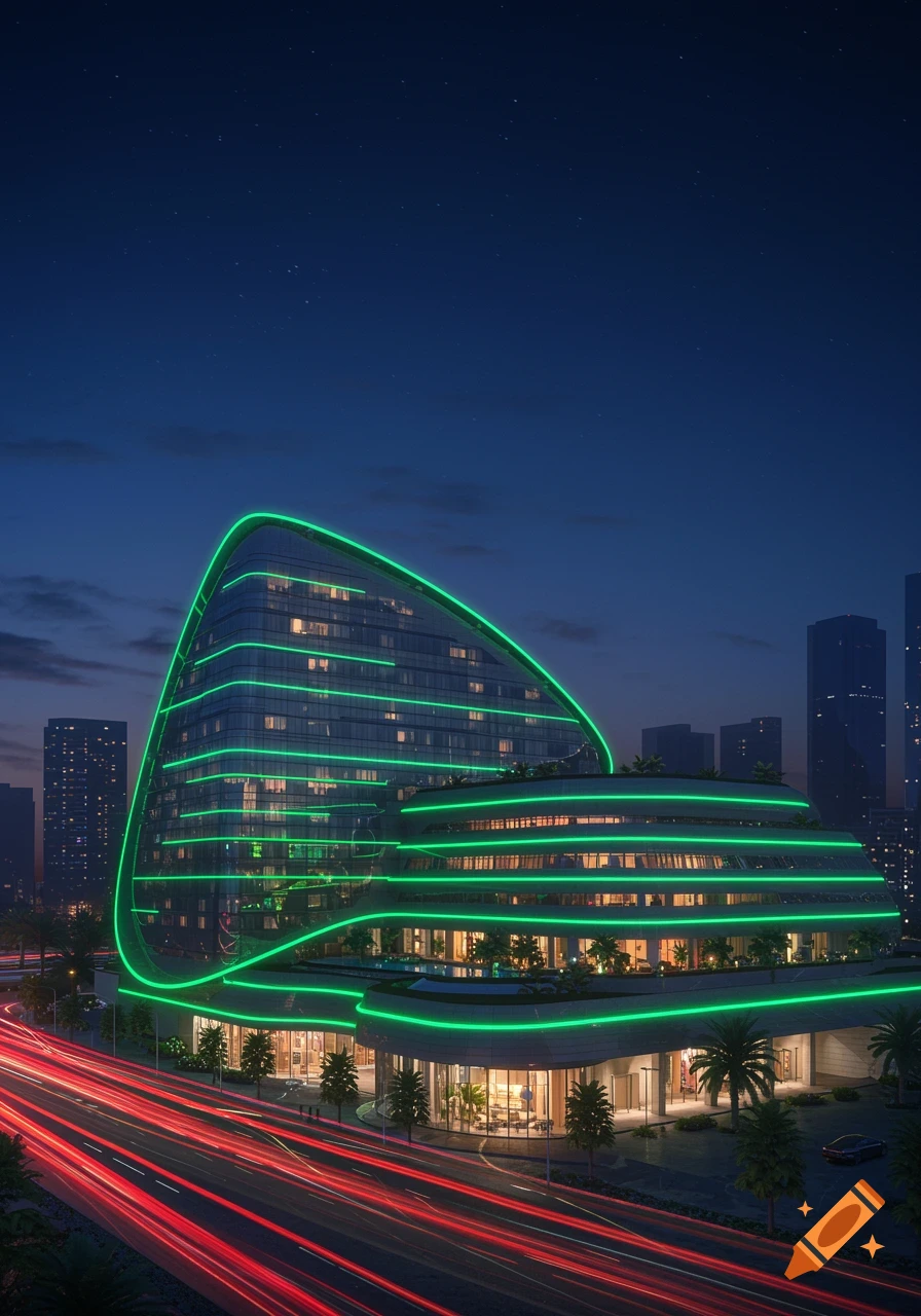 A modern, futuristic hotel with green neon lights at night, with red light trails from traffic on a busy road.