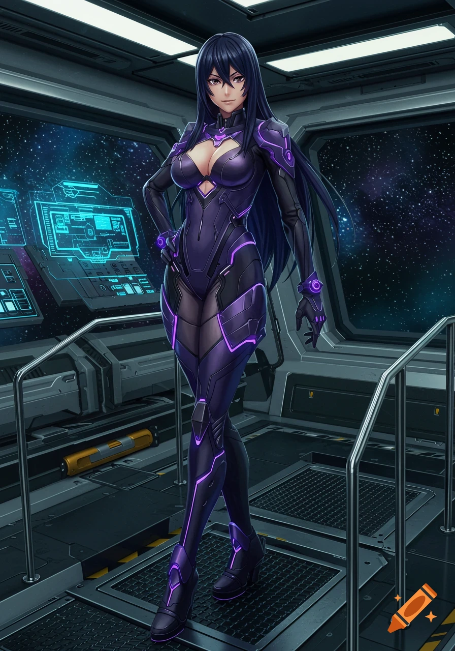 Anime woman in purple sci-fi suit on a spaceship bridge overlooking stars.