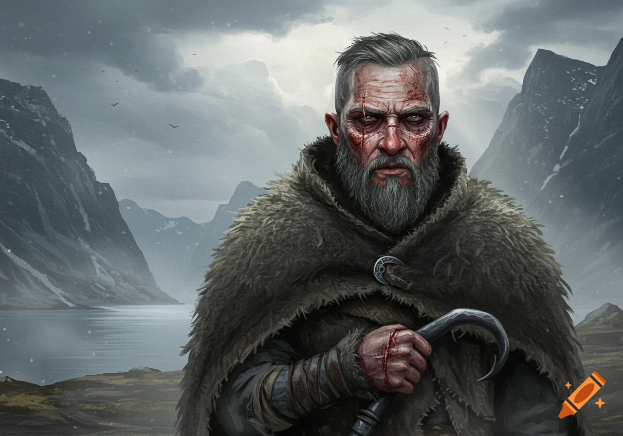 A grizzled, scarred warrior with a hook hand and fur cloak, stands in a snowy mountain landscape.