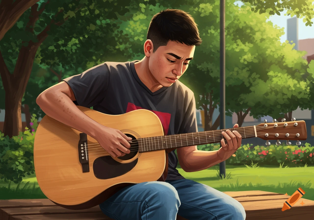A young man with dark hair sits on a wooden bench, playing an acoustic guitar outdoors in a sunny park with green trees.