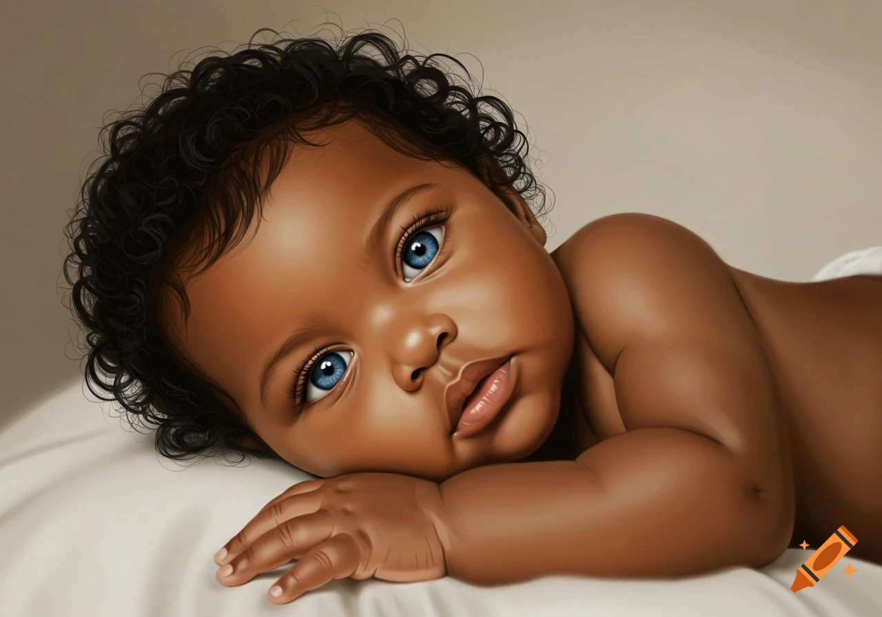 A portrait of a baby with dark skin, curly black hair, and bright blue eyes, lying on a white blanket.
