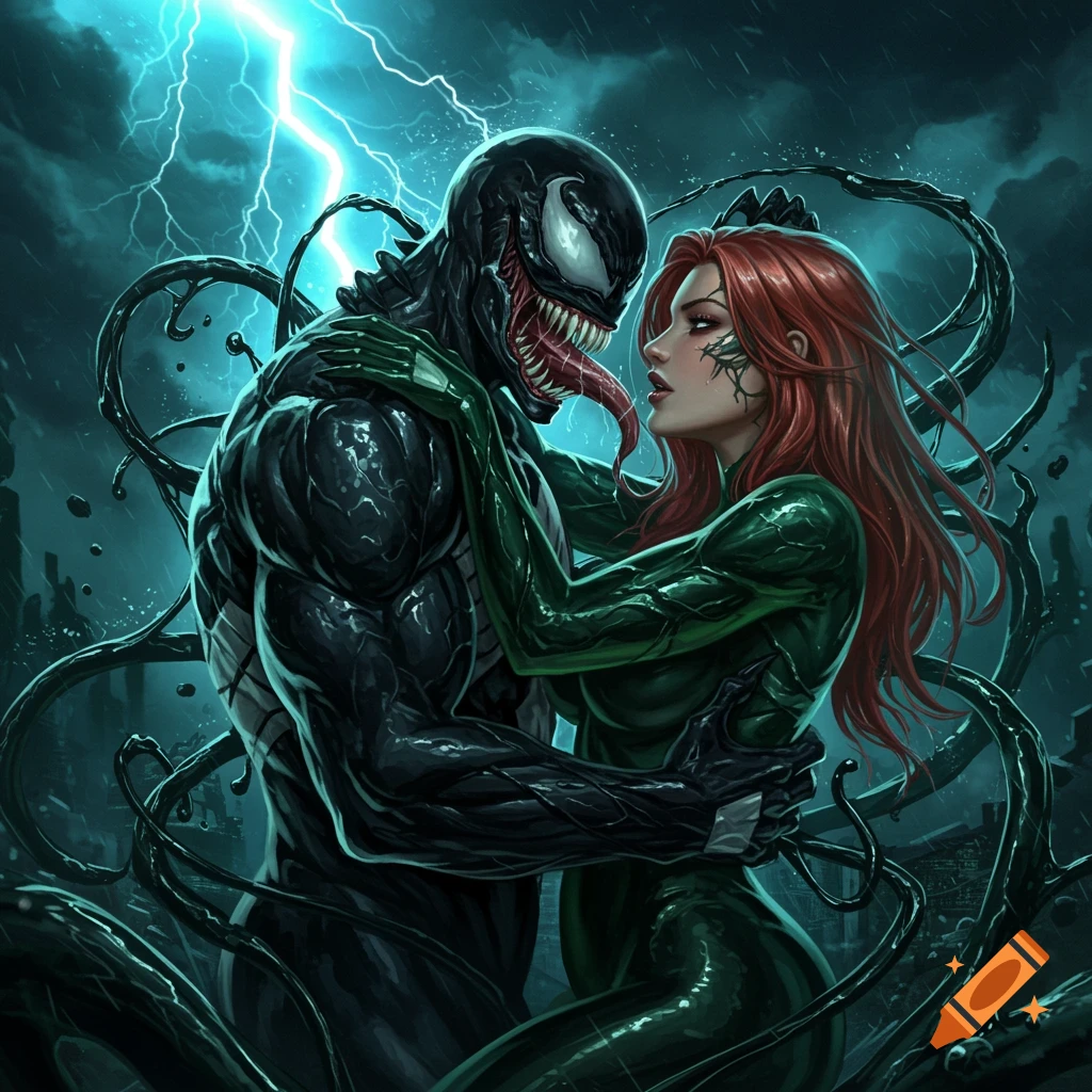 Venom and a red-haired woman in a green symbiote suit embrace amidst dark tendrils and stormy lightning, comic art style.