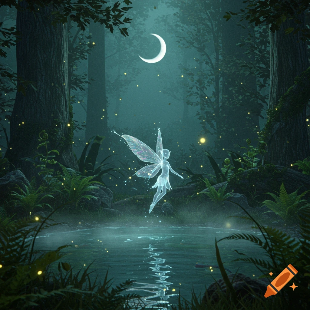A glowing, transparent fairy hovers above a misty pond in a dark forest at night under a crescent moon, surrounded by fireflies.