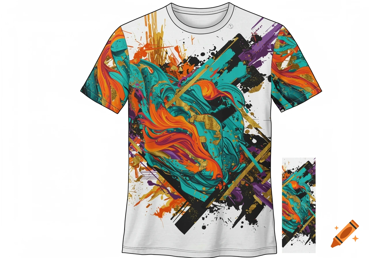 White t-shirt with a vibrant abstract design featuring flowing teal and orange shapes, gold splatters, and black and purple geometric elements.