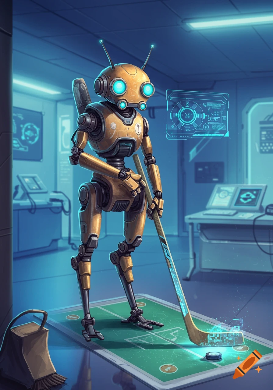 A futuristic yellow robot with four glowing eyes stands in a blue-lit room, holding a hockey stick over a digital hockey rink.