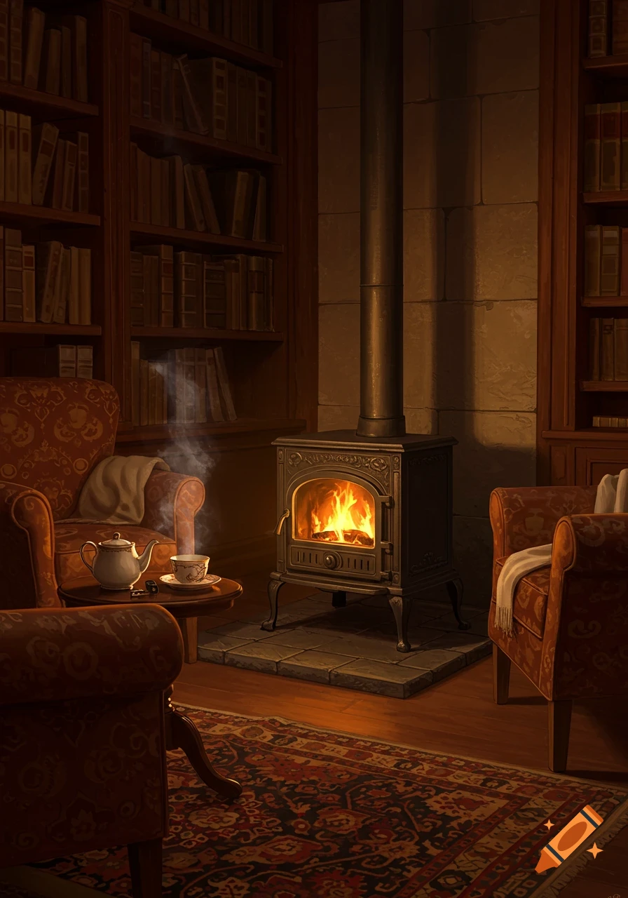 A cozy library room with a lit cast iron wood-burning stove, comfortable armchairs, bookshelves, and a teapot with steaming cup.