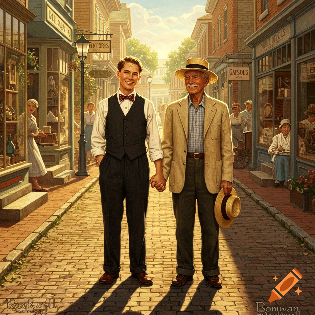 Two smiling men, one young and one old, hold hands on a cobblestone street lined with vintage shops, in a Norman Rockwell style.