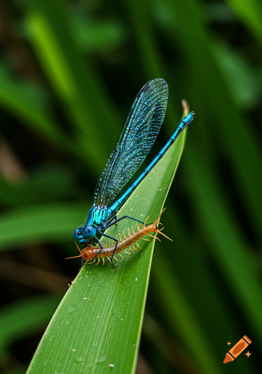 A close-up, photorealistic image of a vibrant blue dragonfly perched on a green leaf, holding and eating a reddish-orange centipede.