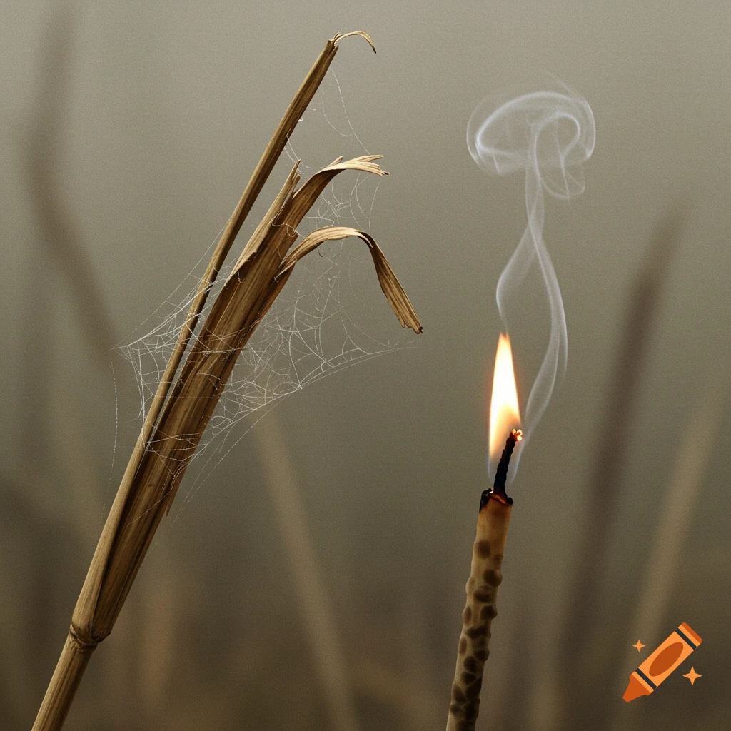 A close-up of a dry reed stalk with a spiderweb next to a burning, smoking wick.