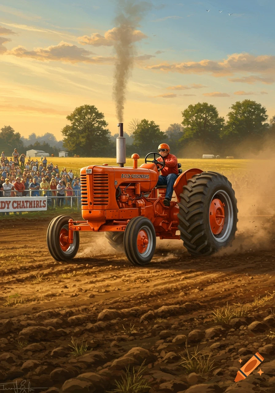An orange tractor driven by a person kicks up dust during a tractor pull event in a rural setting with spectators.