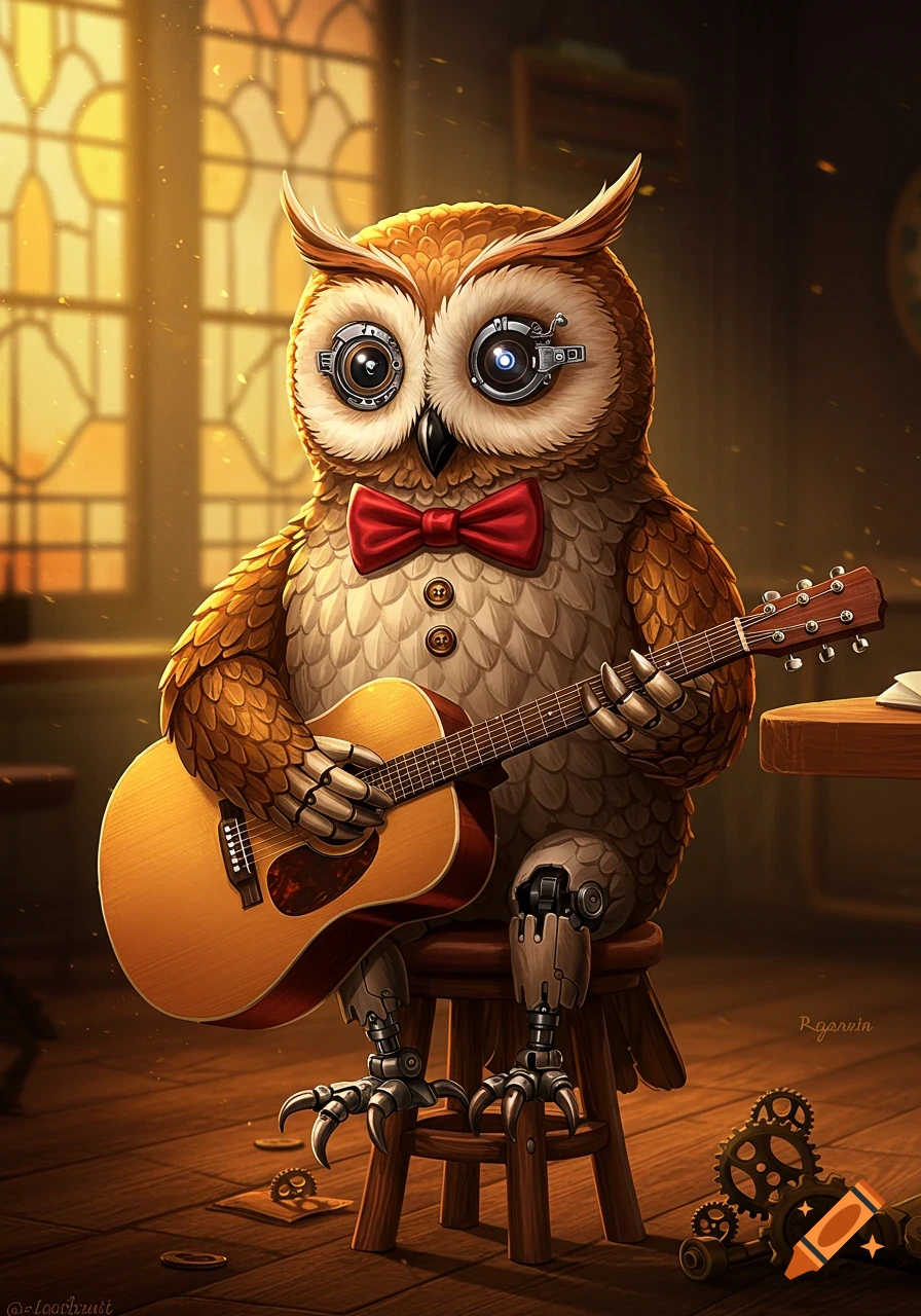 An animatronic owl with a red bow tie plays an acoustic guitar, sitting on a stool in a warm, detailed room.