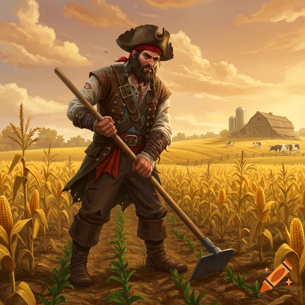 A bearded pirate with a tricorn hat and red bandana hoes in a cornfield under a golden sunset, with a farm and cows in the background, digital painting.