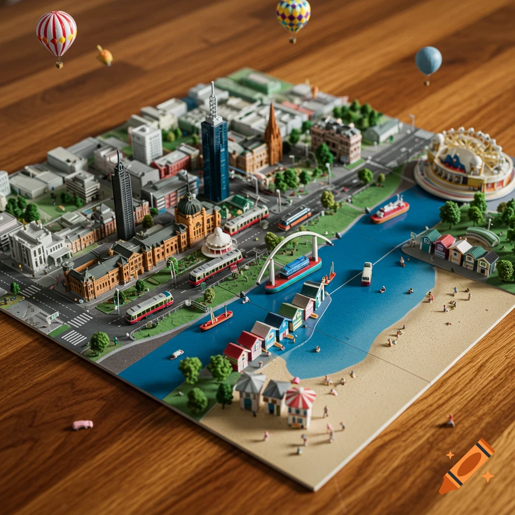 Detailed miniature diorama of Melbourne city, featuring iconic buildings, Yarra River, a beach with bathing boxes, trams, and hot air balloons, all on a wooden surface.