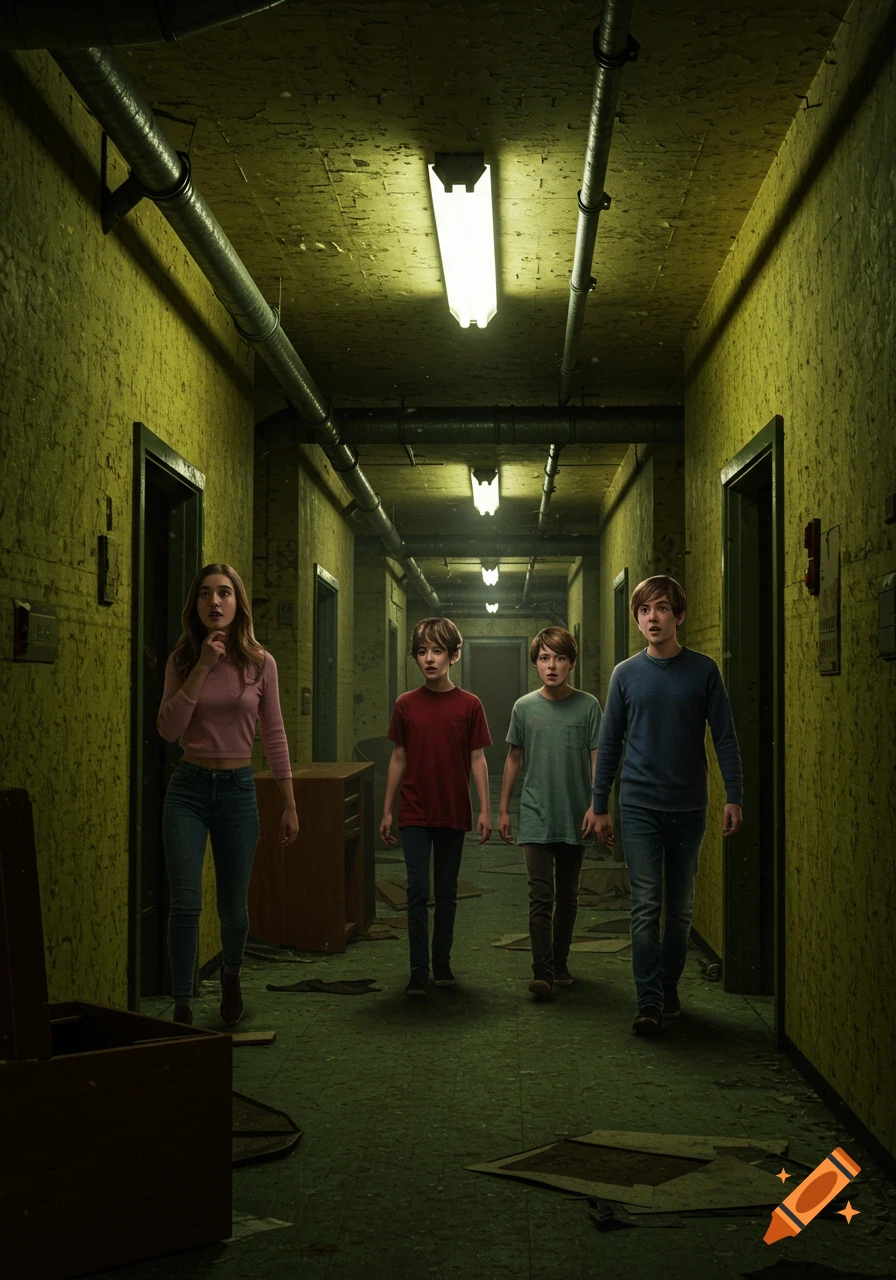 Four young people walk down a long, dark, abandoned hallway with yellow, peeling paint and exposed pipes, lit by fluorescent lights.
