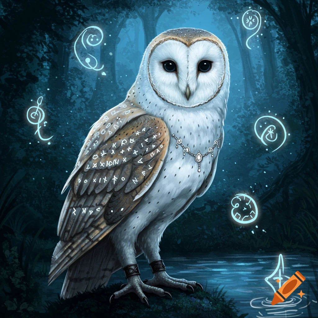 A majestic barn owl with white and brown feathers stands in a mystical dark forest, adorned with a silver necklace and glowing magical runes around it.
