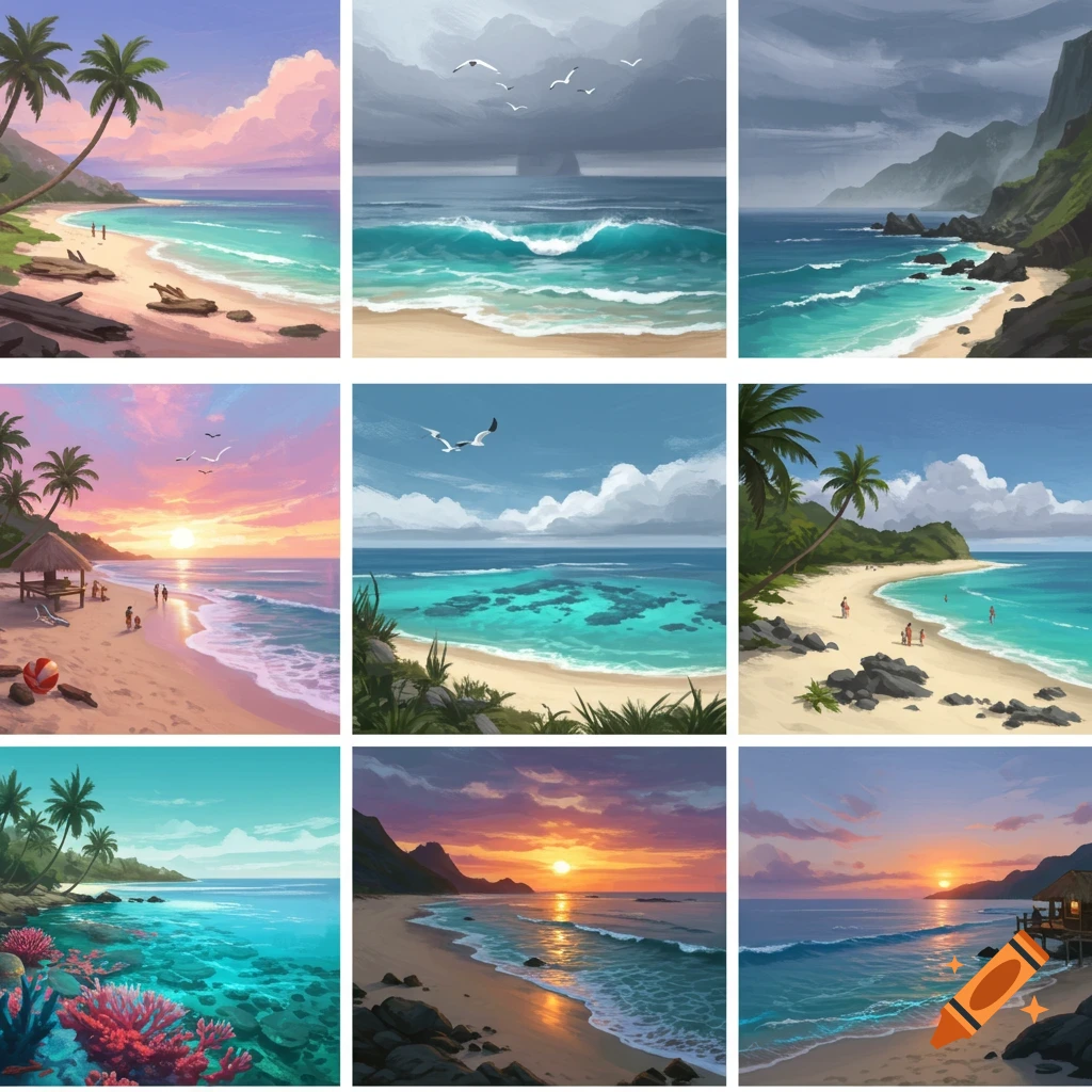 A grid of nine stylized beach scenes, featuring clear turquoise waters, sandy shores, palm trees, and various sunsets and clear skies.