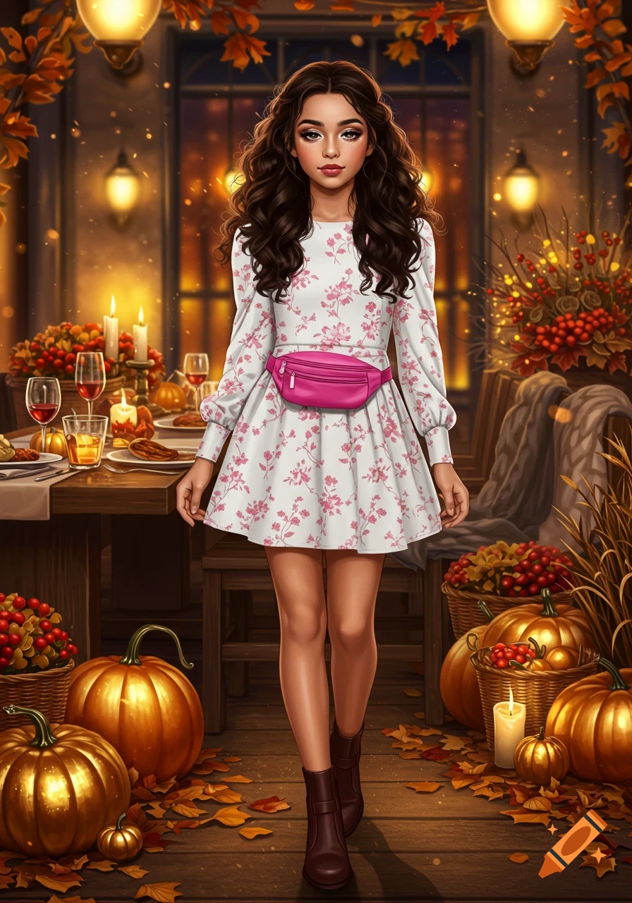 A stylized illustration of a young girl in a white floral dress and hot pink fanny pack, standing in a cozy autumn setting with pumpkins and leaves.