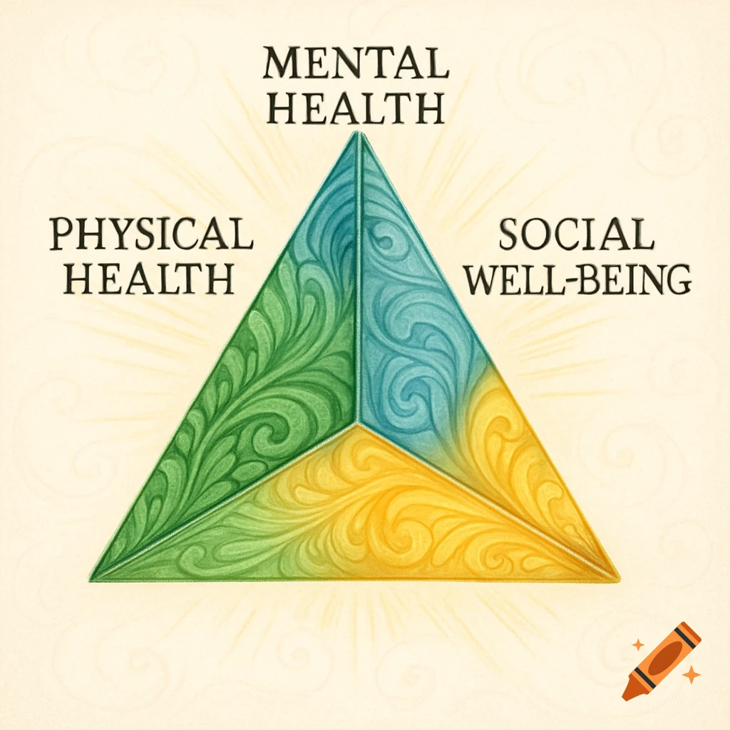 Illustrated health triangle diagram with sections for mental health, physical health, and social well-being.