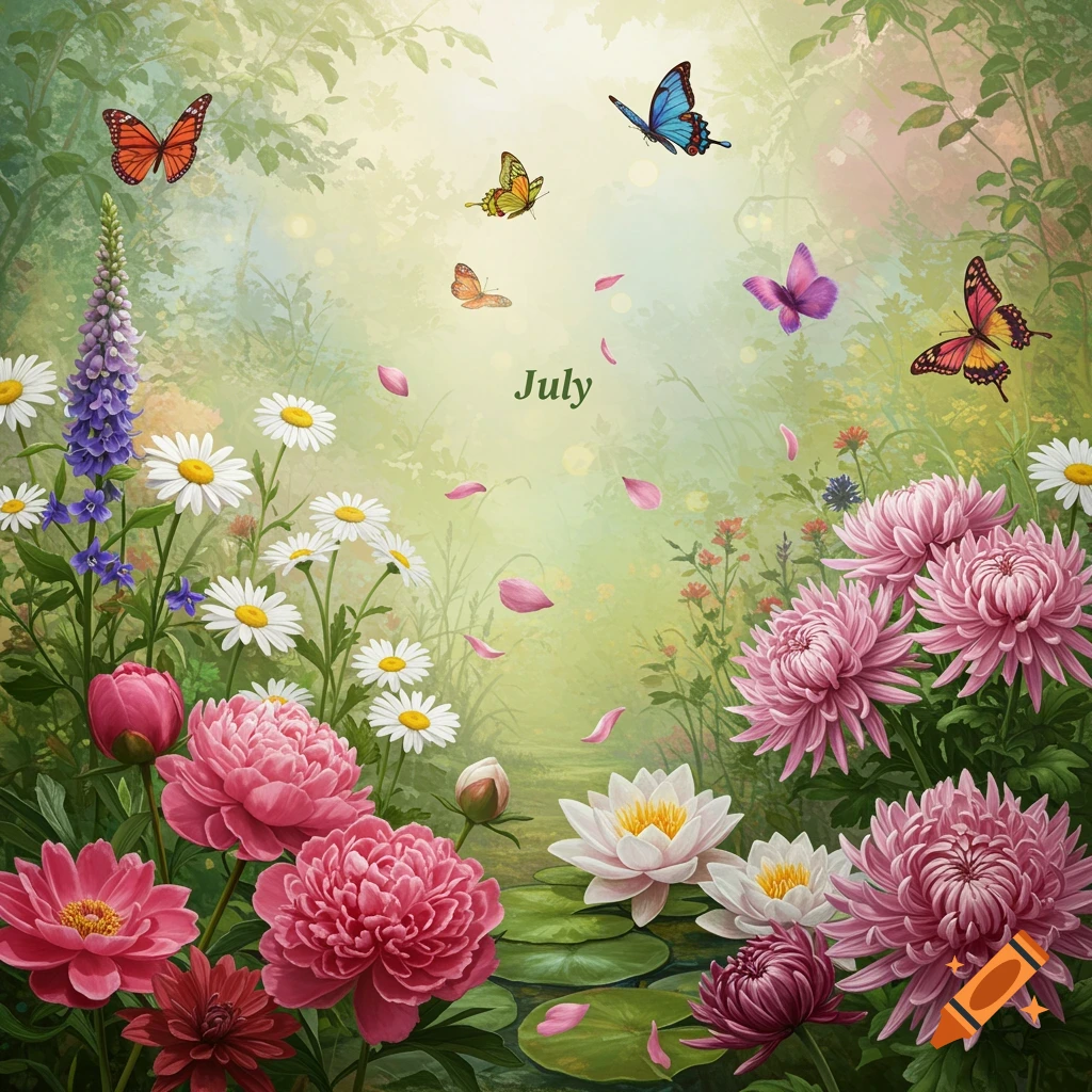 A lush, vibrant garden scene with pink peonies, white daisies, purple lupines, and other colorful flowers. Butterflies flutter amidst the foliage, and the word "July" is centered in the background.