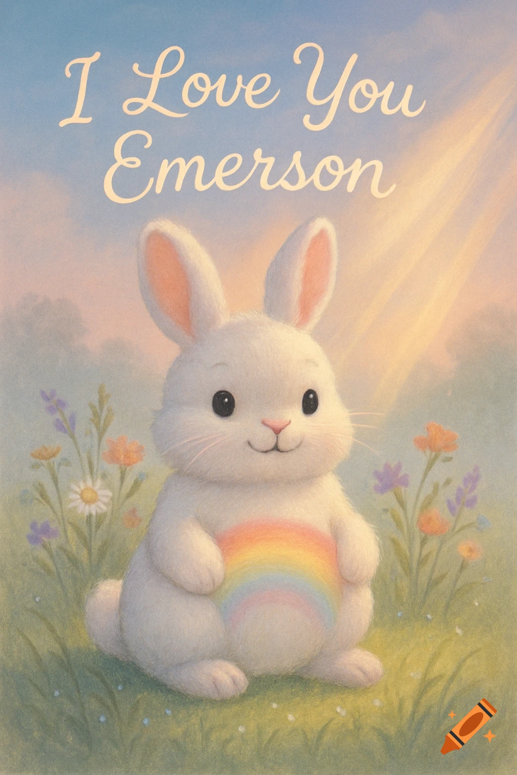 An illustration of a cute white bunny with a rainbow on its belly, sitting in a field of flowers under a light blue sky with the text 'I Love You Emerson'.