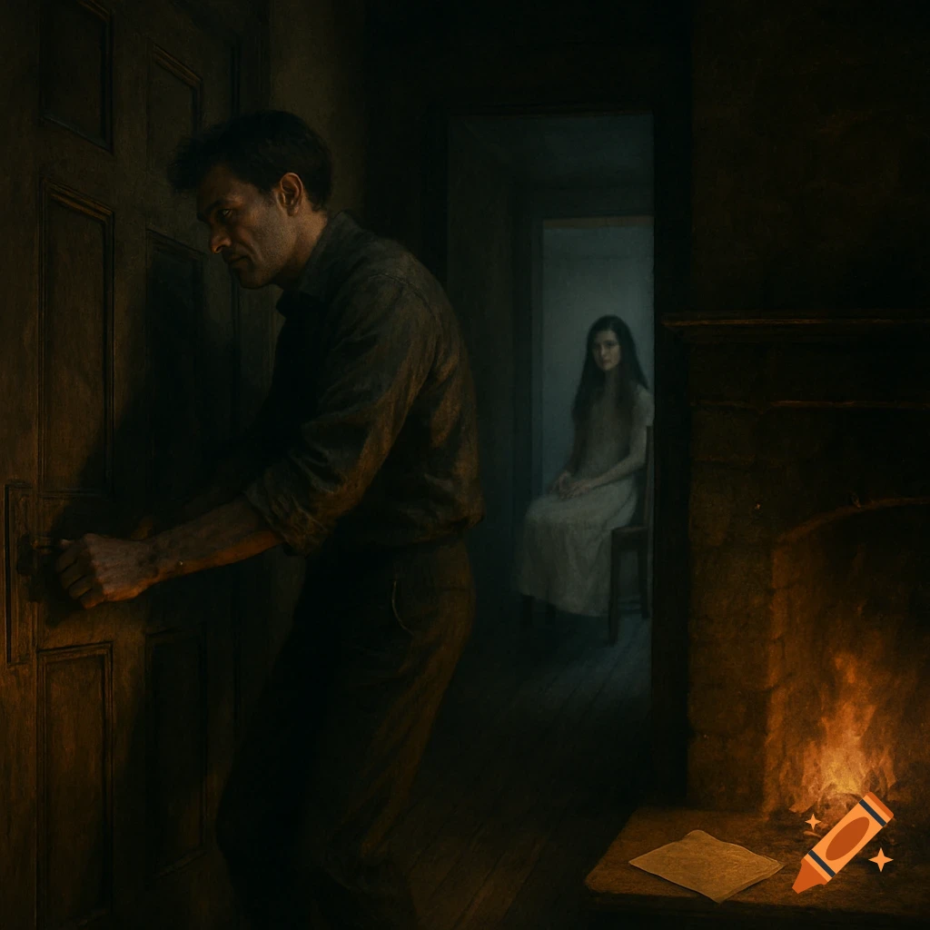 A man tries to open a wooden door in a dimly lit, old house. A fireplace glows, illuminating a letter on the hearth. A pale girl watches from a shadowy room.