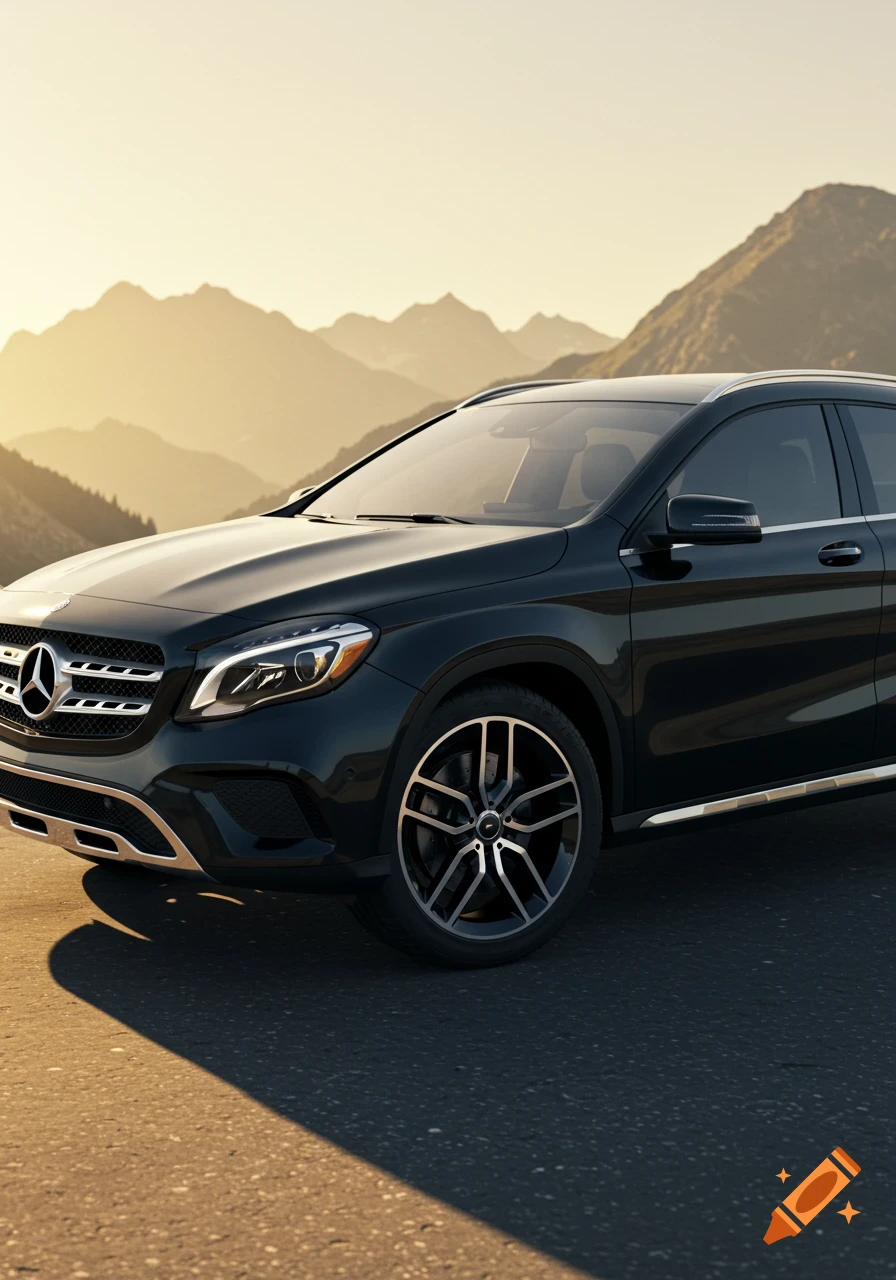 A black Mercedes-Benz GLA SUV parked on a road with golden mountains in the background during sunset, photorealistic style.