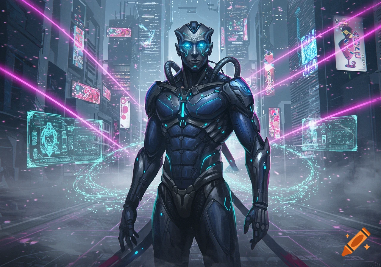 A powerful humanoid cyborg with glowing blue eyes and accents stands in a futuristic cyberpunk city with neon lights and holographic displays.