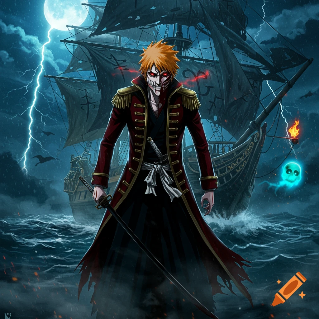 Anime character with orange hair and a skull mask, holding a katana on a stormy sea with a pirate ship and lightning under a full moon.