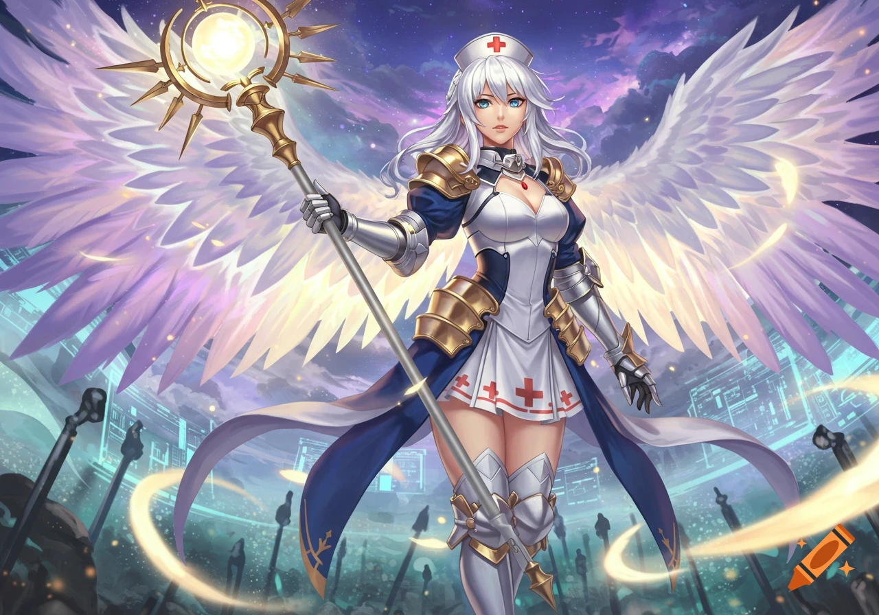 An anime-style angelic female character with white hair and wings, wearing a nurse dress and armor, holding a glowing golden staff.