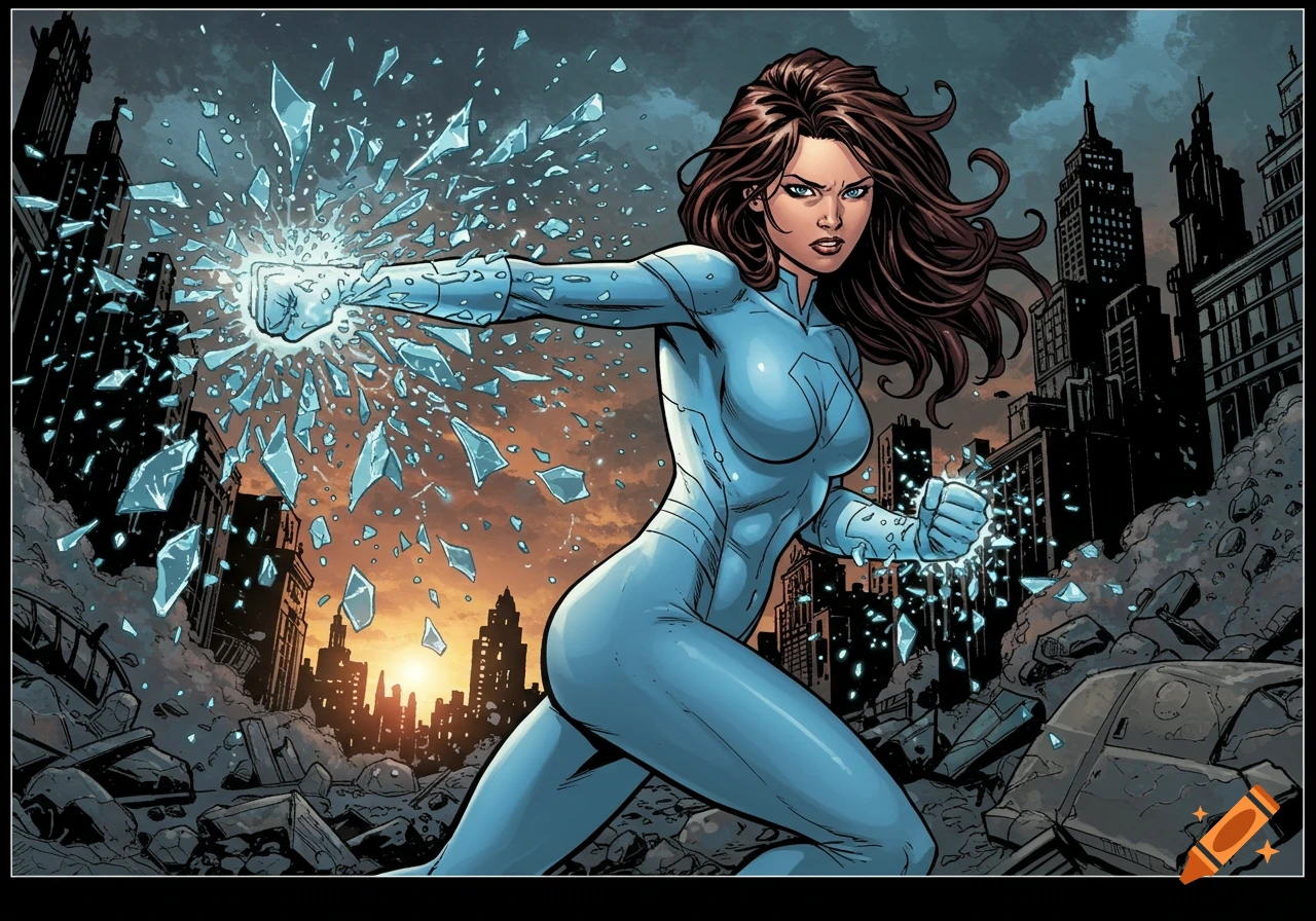 A female superhero in a light blue suit shatters glass with her glowing fist in a ruined city at sunset, comic book style.