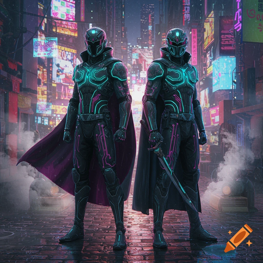 Two armored figures with glowing neon accents stand in a rainy, neon-lit cyberpunk city street, one holding a sword.