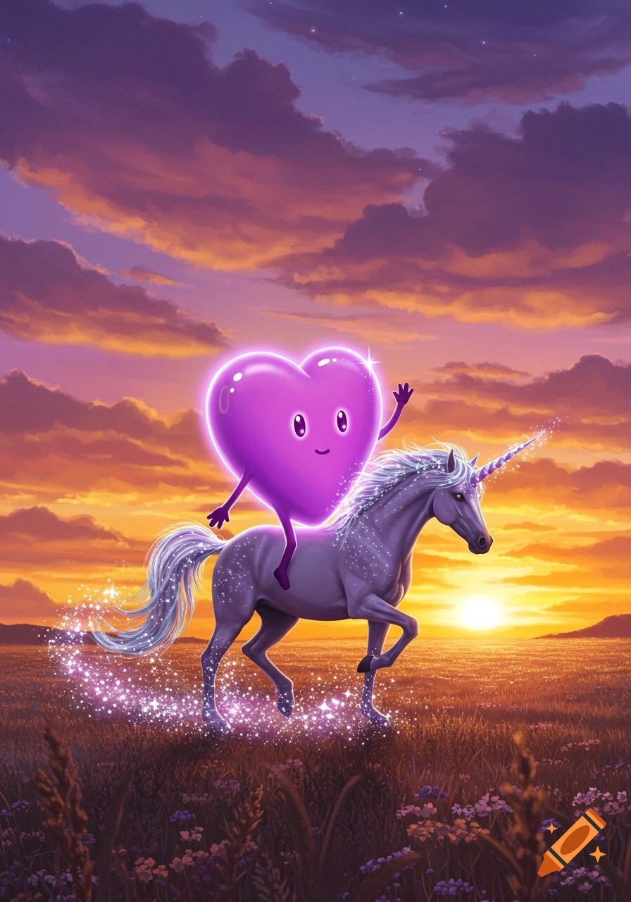 A glowing purple heart with a face rides a sparkling unicorn through a field at sunset, under a colorful sky.