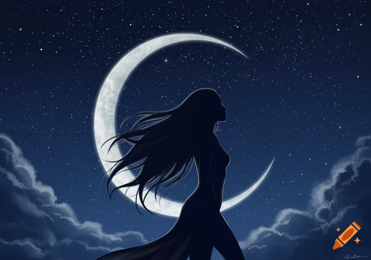 Silhouette of a woman with long flowing hair and dress against a crescent moon and starry night sky.