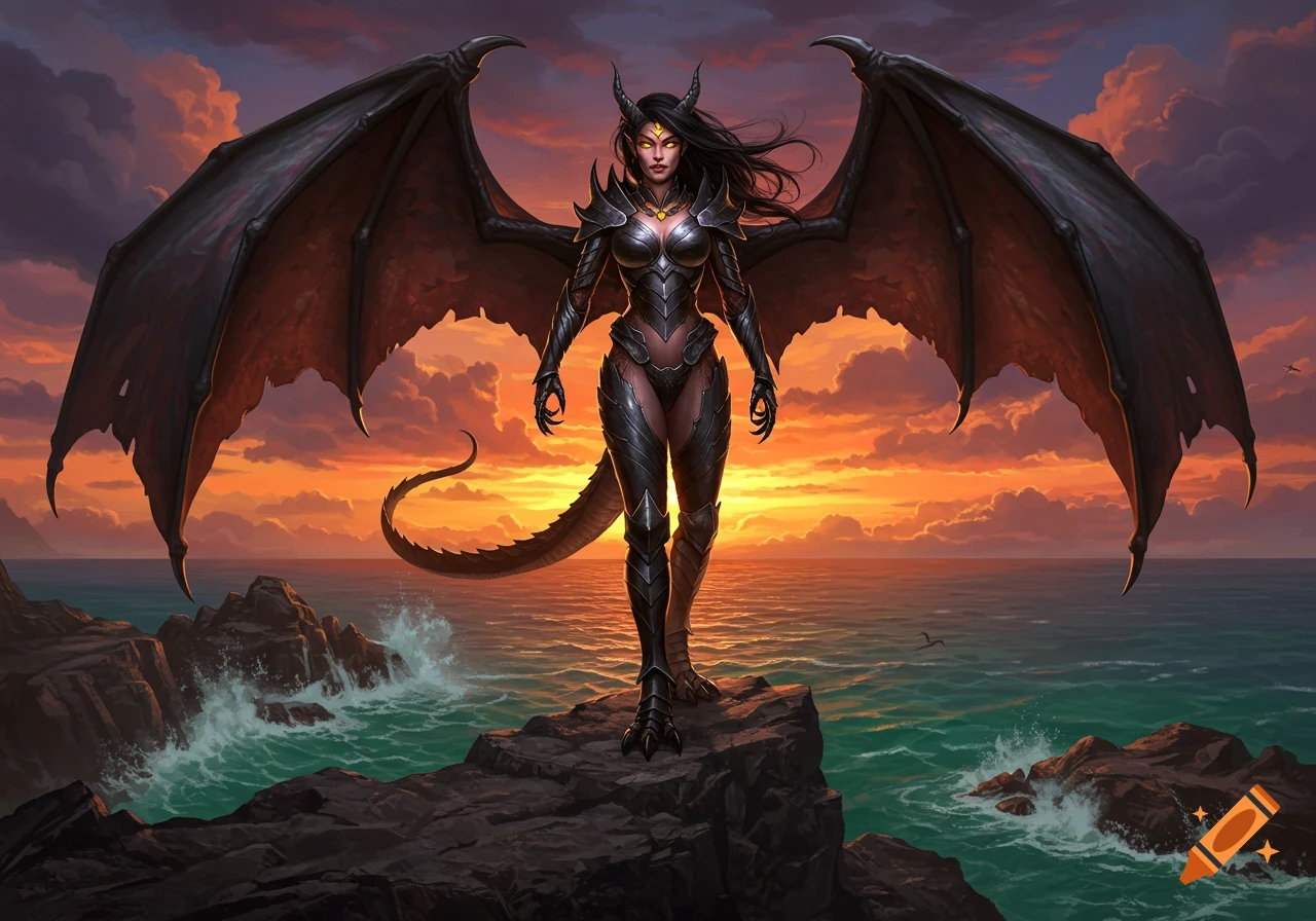 A powerful dragon woman with large black wings, horns, and armor stands on a rocky cliff overlooking the ocean at sunset.