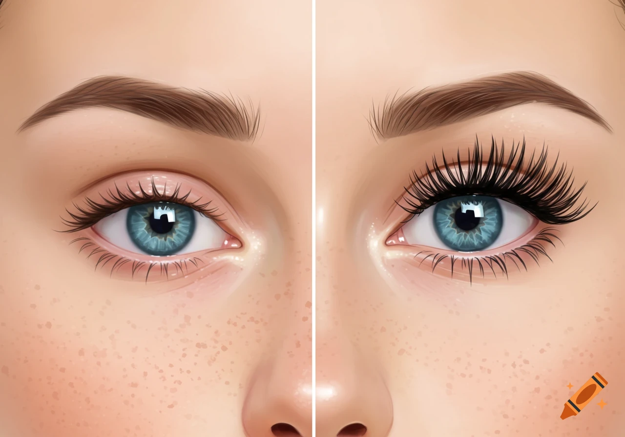 Close-up illustration of a woman's face, divided in half, showing one eye with natural eyelashes and the other with long, full eyelashes.